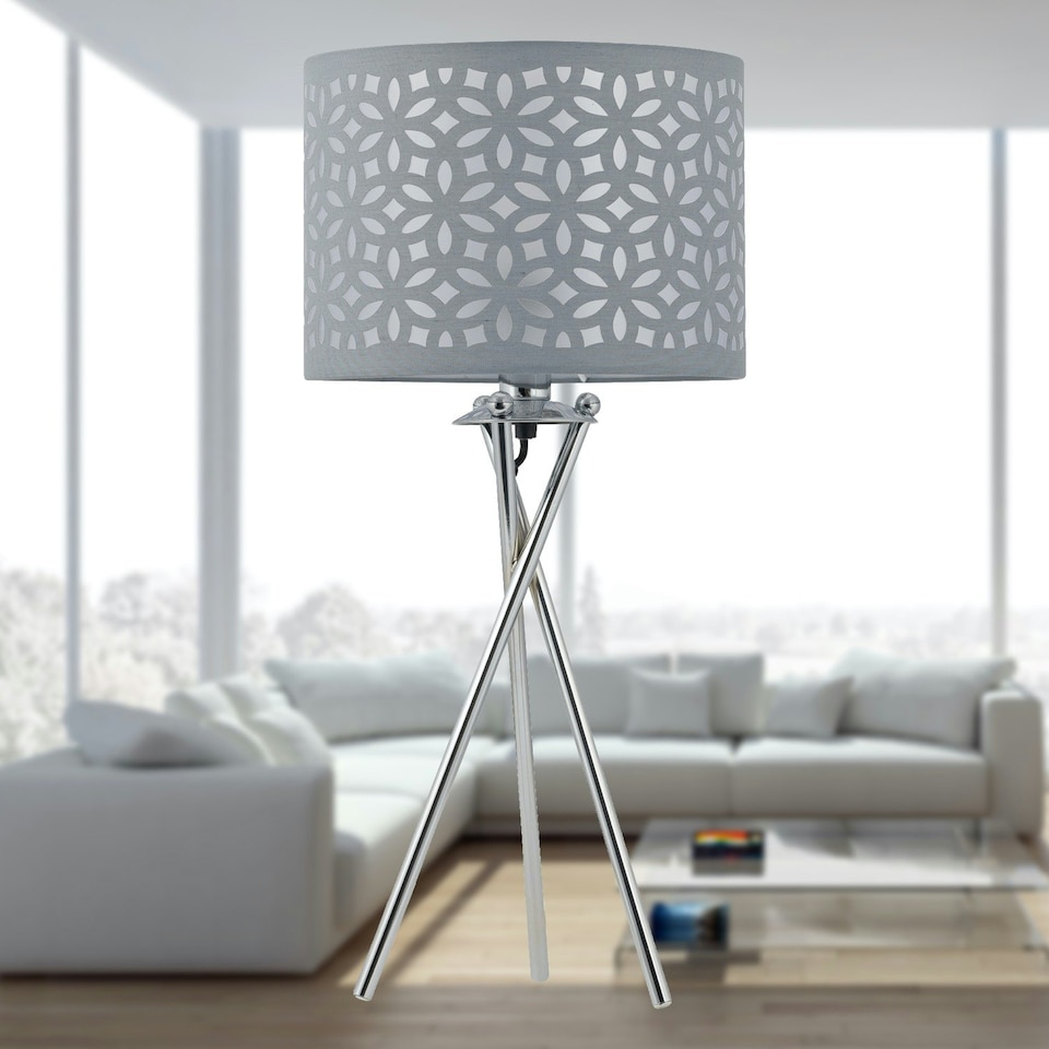 image 1 of First Choice Lighting Chrome Tripod Table Lamp with Grey Laser Cut Shade Chrome | Grey