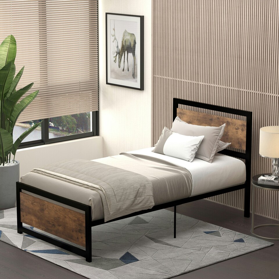 image 1 of HOMCOM Single Size Metal Bed Frame w/ Headboard & Footboard, 97x195x103cm
