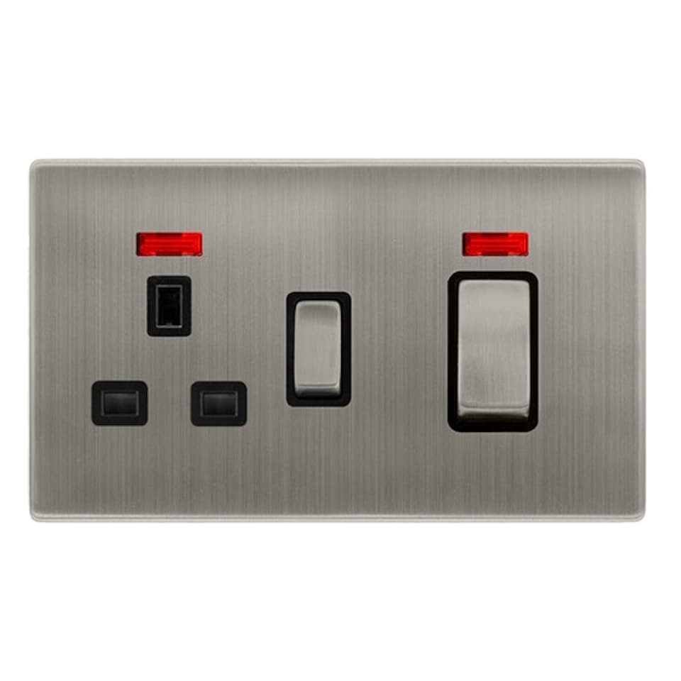 SE HOME Stainless Steel Screwless Plate Cooker Control Ingot 45A With 13A Switched Plug Socket & 2 Neons - Black Trim - SE Home Black | Stainless Steel