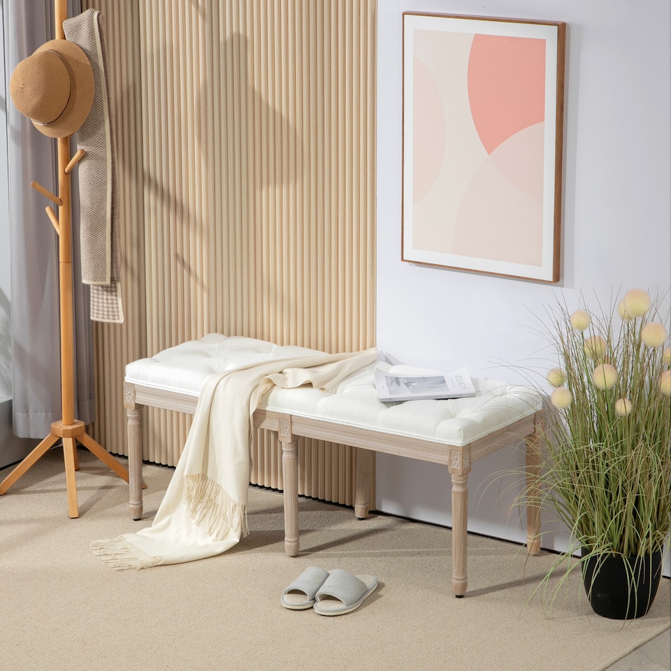 image 1 of HOMCOM Bedroom End of Bed Bench, 117cm French Vintage Bench with Thick Padding and Wood Legs, Button Tufted Bench for Entryway Living Room Bedroom Decor, Cream White
