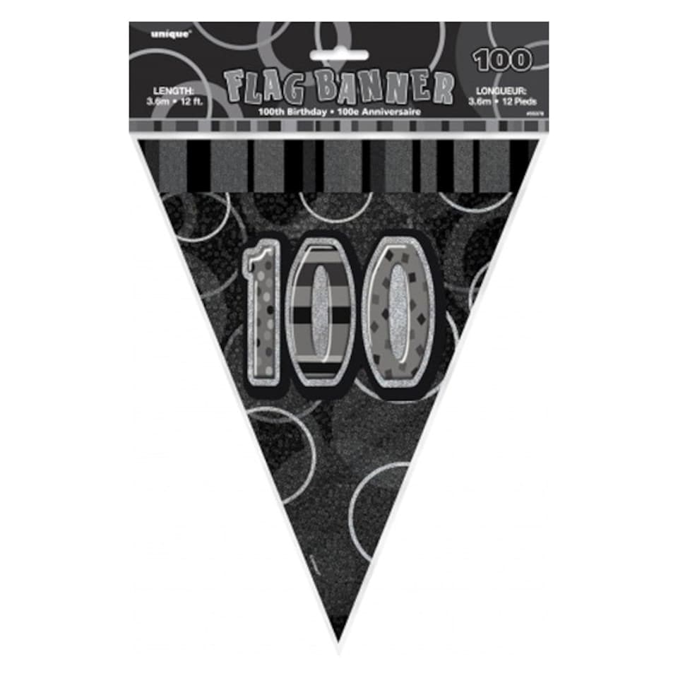 Unique Party 100th Birthday Flag Banner - Glitter Black - One Size