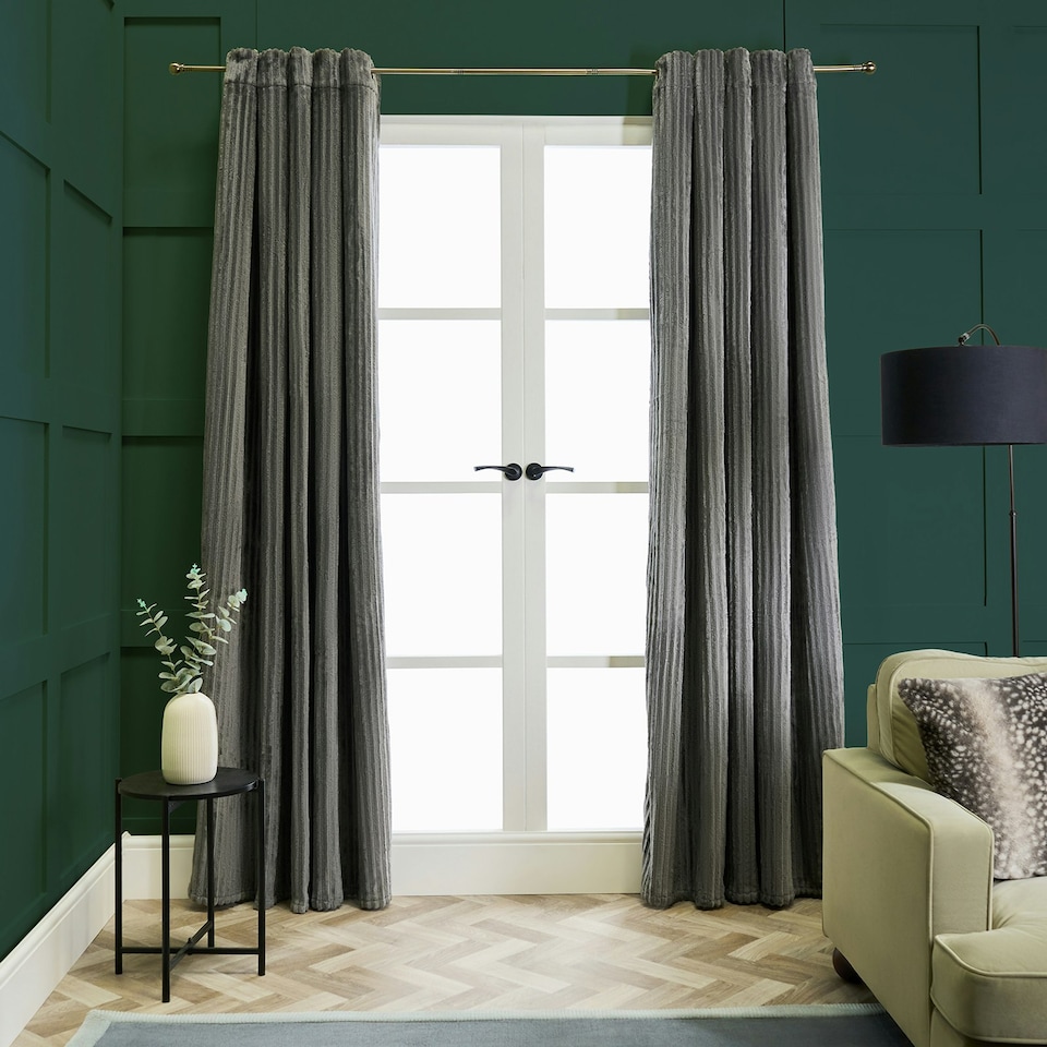 image 1 of OHS Ribbed Fleece Soft Thermal Insulated Panel Pair Eyelet Curtains, 90x90" Grey