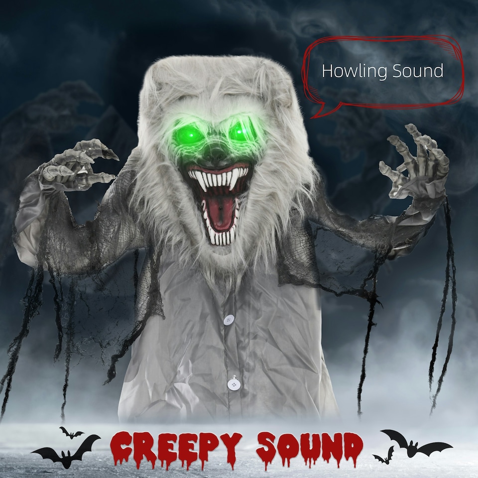 image 1 of HOMCOM Halloween Skeleton Werewolf Animatronic Prop with Light Up Eyes