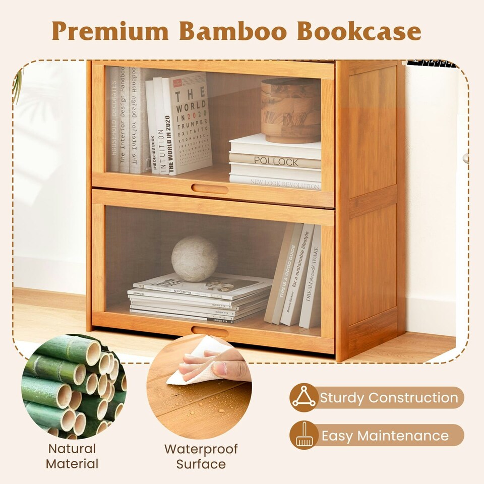 image 1 of COSTWAY 4-Tier Bookcase Bamboo Bookshelf with Doors Natural Brown