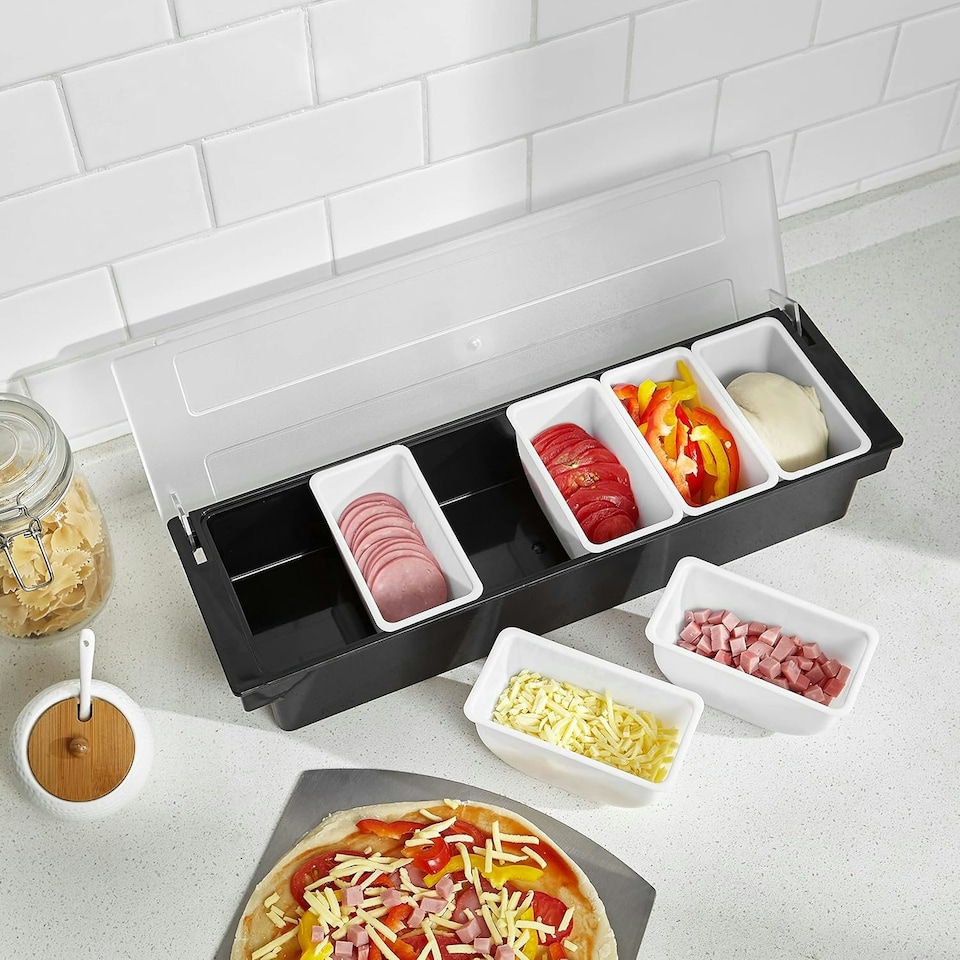 image 1 of 6 Compartment Trays Detachable Pizza Topping Station Reusable Container