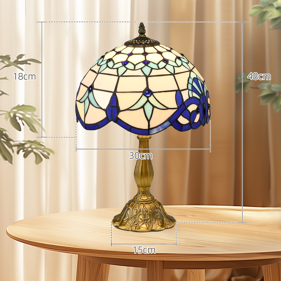 image 1 of HOMCOM Stained Glass Table Lamp, Handmade Antique Bedside Lamp for Bedroom, Living room, Home, Nightstand, Decorative Night Light, Blue