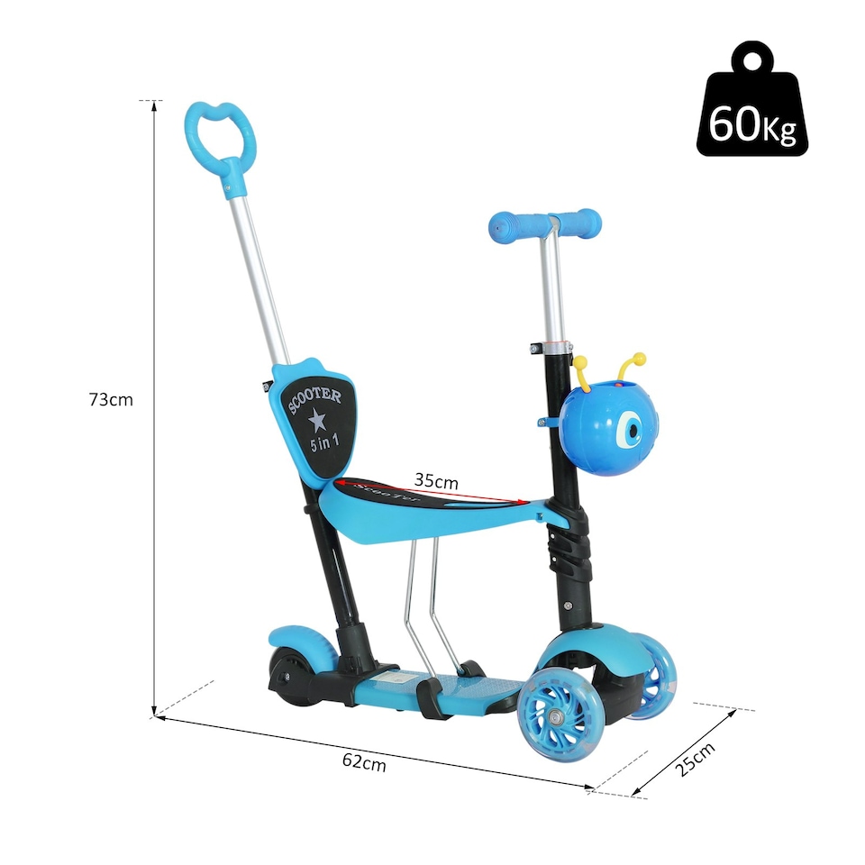 image 1 of HOMCOM 5-in-1 Kids' Blue 3-Wheel Kick Scooter With Removable Seat