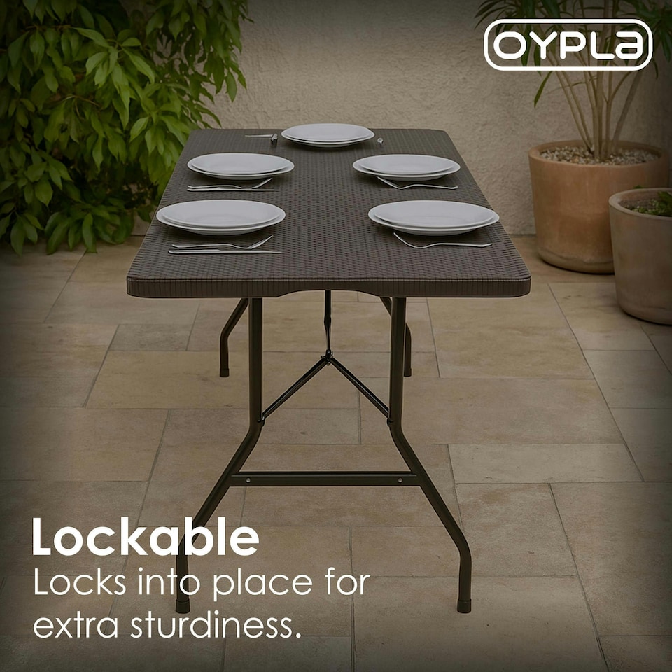 image 1 of Oypla 6ft Folding Rattan Trestle Table Heavy Duty Catering Garden Party 1.8m Black