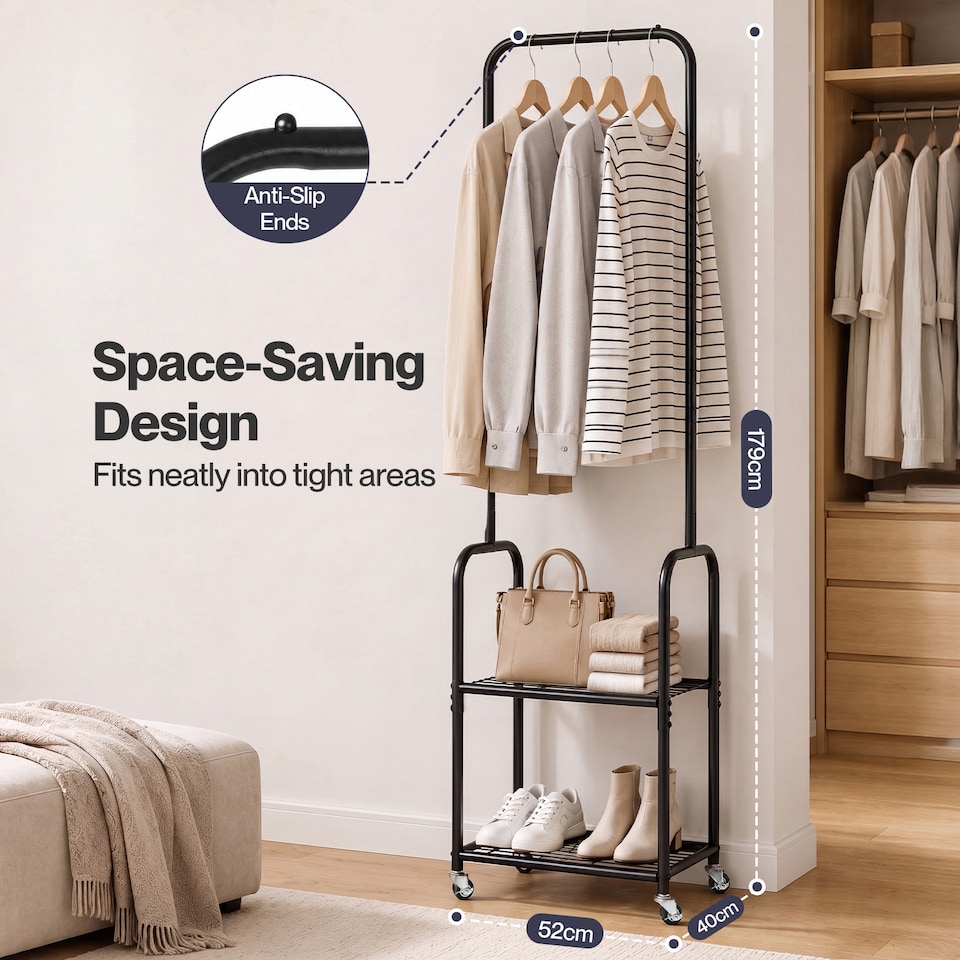 image 1 of Levede Clothes Rack Garment Organizer 2 Shelf Locking Wheels Bedroom Black