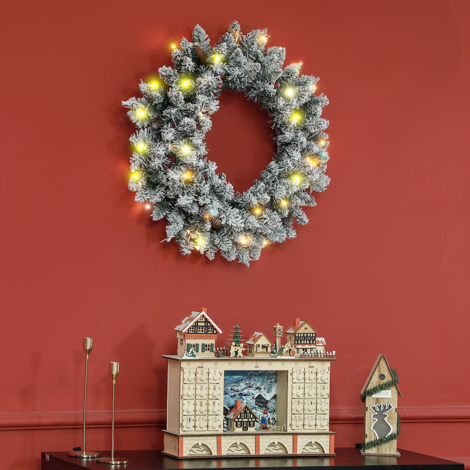 image 1 of HOMCOM 60cm Flocked Christmas Wreath with Lights Pine Cones Berries Green