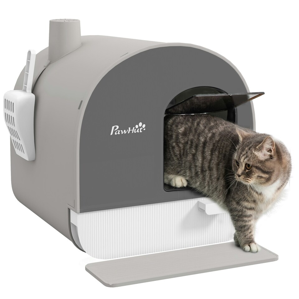 image 1 of PawHut Cat Litter Box Kitten Litter Tray w/ Lid, Scoop, Filter, Flap Door, Grey