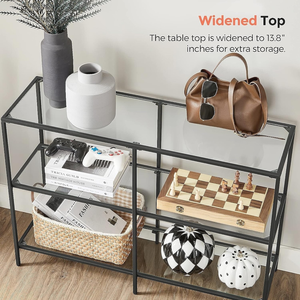 image 1 of 3-Tier Glass Console Table with Steel Frame, Hallway and Living Room Storage Table, Black