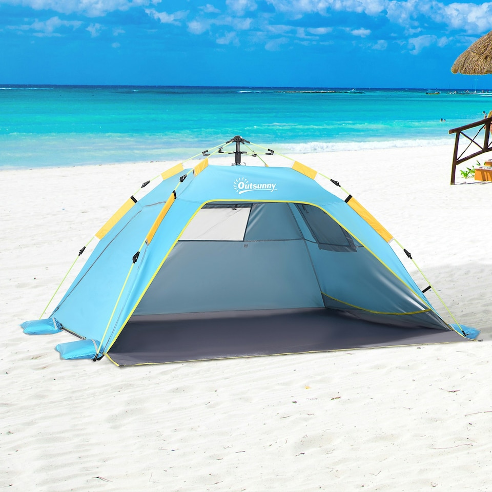image 1 of Outsunny 2 Man Pop-up Beach Tent Sun Shade Shelter Hut w/Windows Door Light Blue