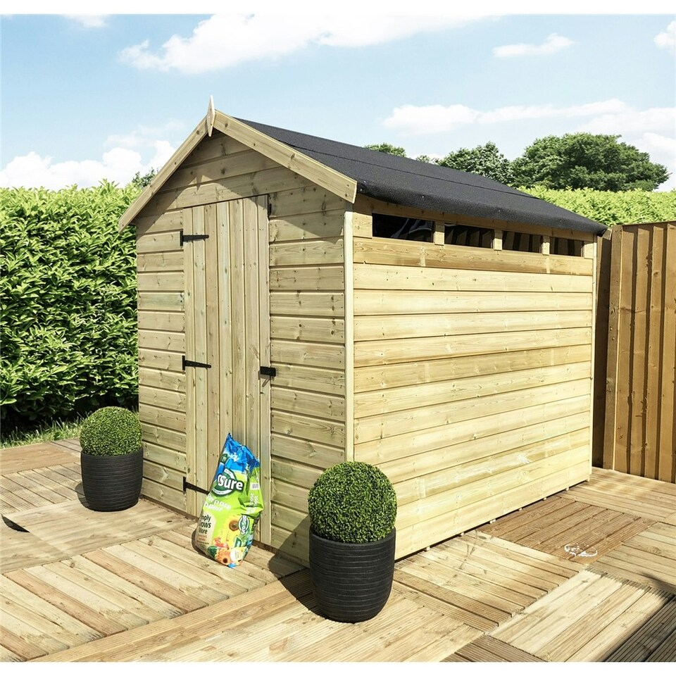 image 1 of 7 x 4 Security Pressure Treated Tongue & Groove Apex Shed + Single Door + Safety Toughened Glass (7' x 4' / 7ft x 4ft) (7x4)