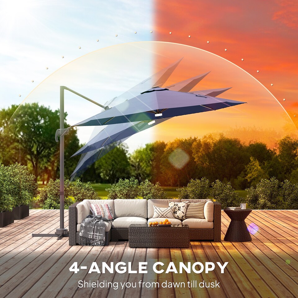 image 1 of Outsunny 3 m Cantilever Roma Parasol Garden Sun Umbrella Outdoor Patio with 360 Degree Rotation Crank and Tilt Aluminium Frame LED Solar Light Cross Base, Blue