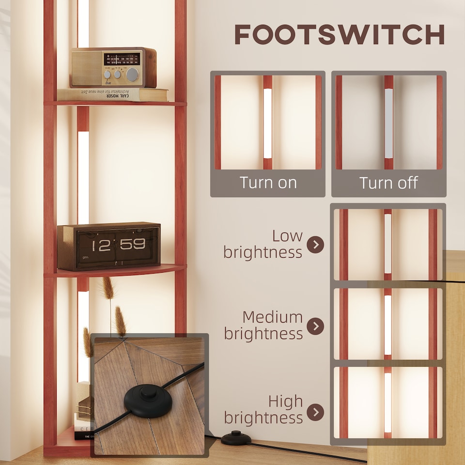 image 1 of HOMCOM LED Floor Lamp with Shelves, 5-Tier Dimmable Standing Lamp with Adjustable Brightness and Foot Switch, Modern Corner Display Shelf Unit for Living Room Bedroom Office, Brown | Brown
