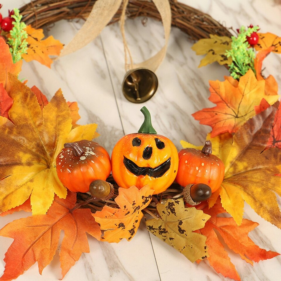 image 1 of Living and Home Artificial Maple Leaves Halloween Pumpkin Garland with Bell