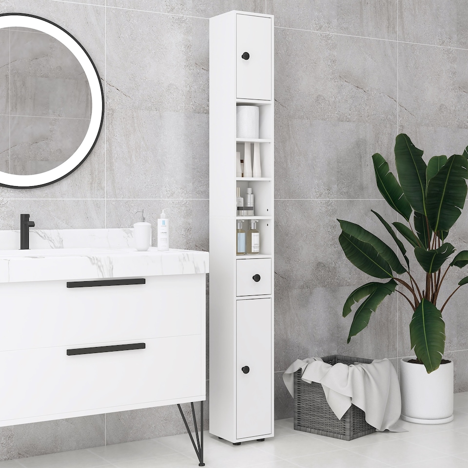 image 1 of kleankin 180cm Tall Bathroom Cabinet, Slim Bathroom Storage Cabinet with 4 Open Shelves, 2 Door Cupboards and Adjustable Shelves, White