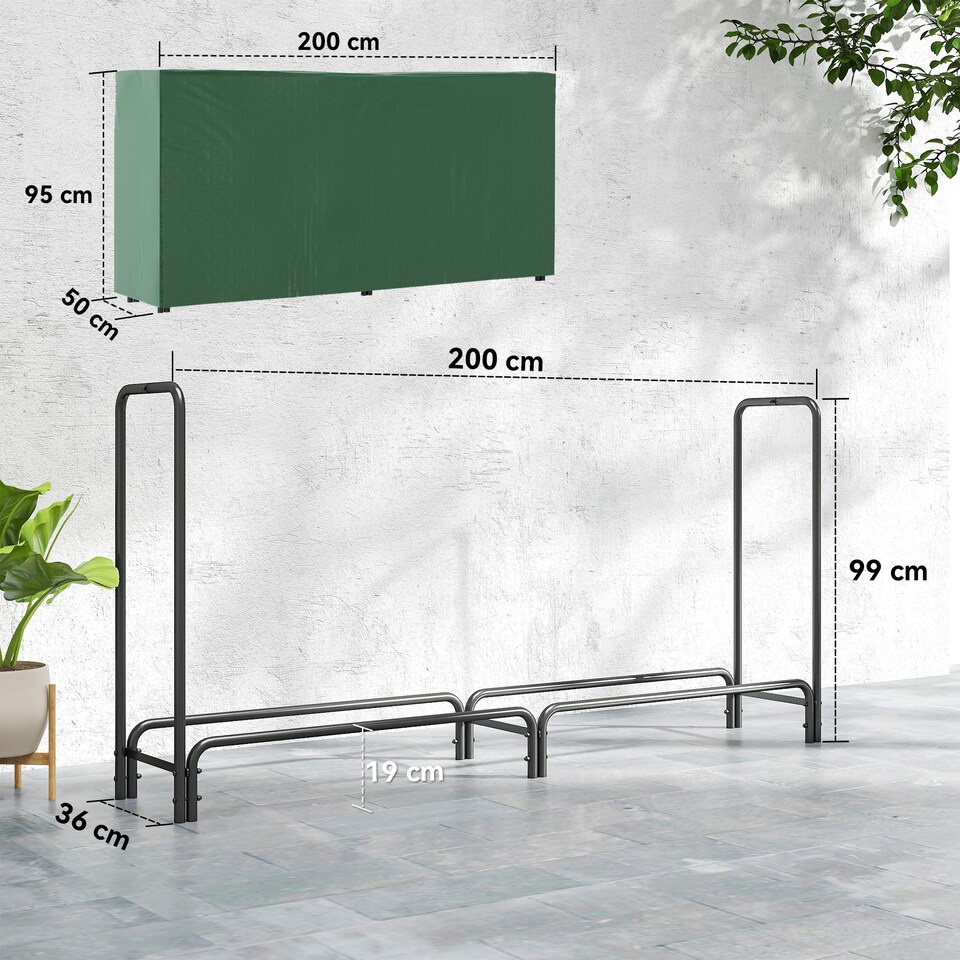 image 1 of Outsunny Firewood Rack with Waterproof Cover, Heavy Duty Metal Log Store Indoors, Log Storage Holder for Outdoor Indoor Fireplace, 200 x 36 x 99 cm, Dark Green