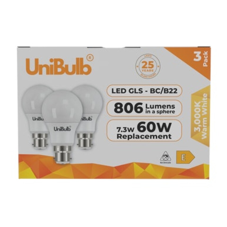 image 1 of UniBulb LED GLS B22 806lm 7.3W 3000K (Warm White) Light Bulb - Pack of 3