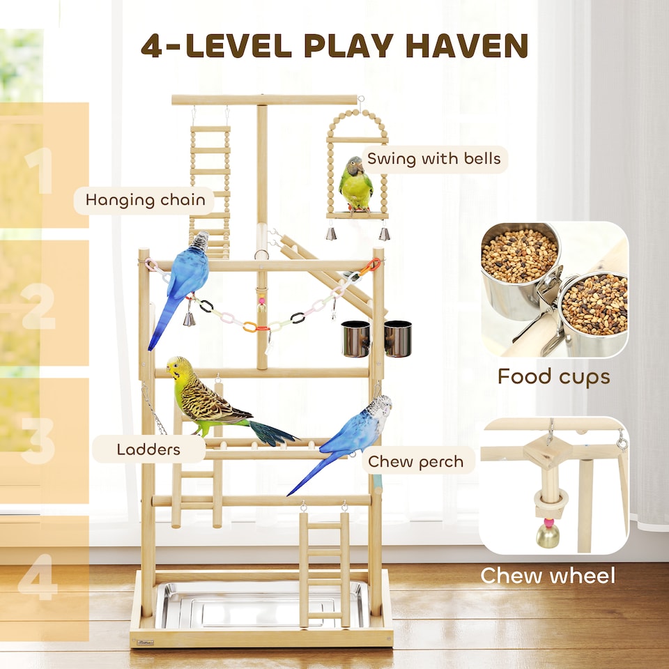 image 1 of PawHut Wooden Bird Playground with Ladders, Chain Toy, Steel Cups and Tray