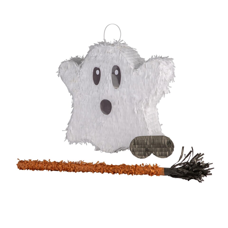 image 1 of Pinatas Halloween Ghost Cardboard Pinata, Stick and Blindfold Set - W42cm x D10cm x H40.5cm - White