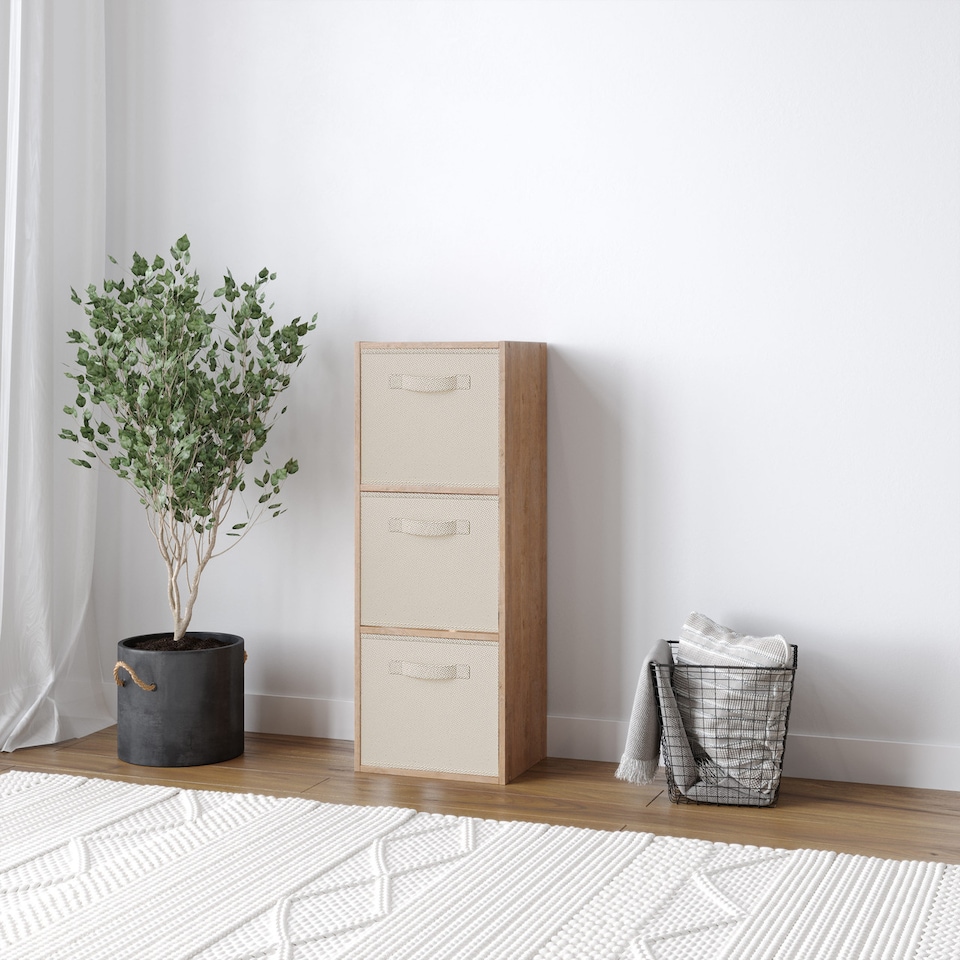 image 1 of 3-Tier Cube Shelving Unit with Inserts | Brown | Oak & Cream | 1