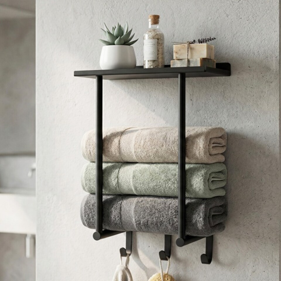 image 1 of Levede Towel Rack Wall Mounted Shelf Bathroom Storage Holder with Hooks Black