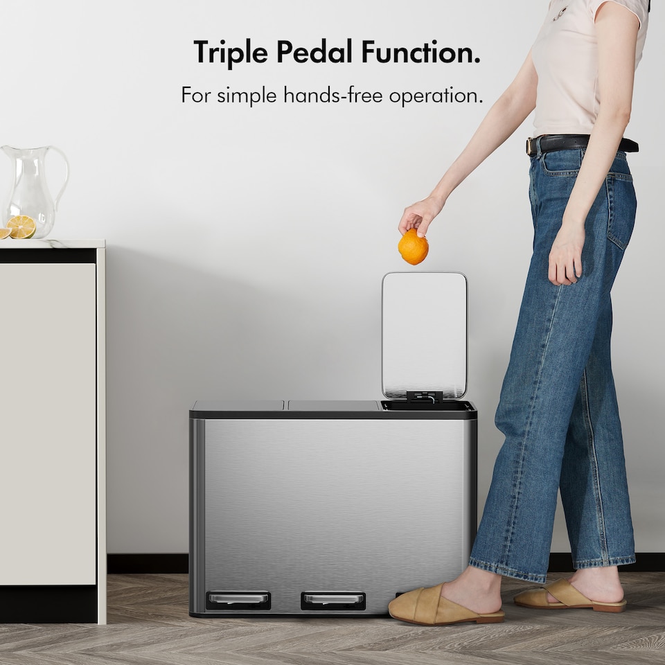 image 1 of 3 Compartment 45L Waste & Recycling Kitchen Bin (3 x 15L) | Silver | Stainless Steel | 45L