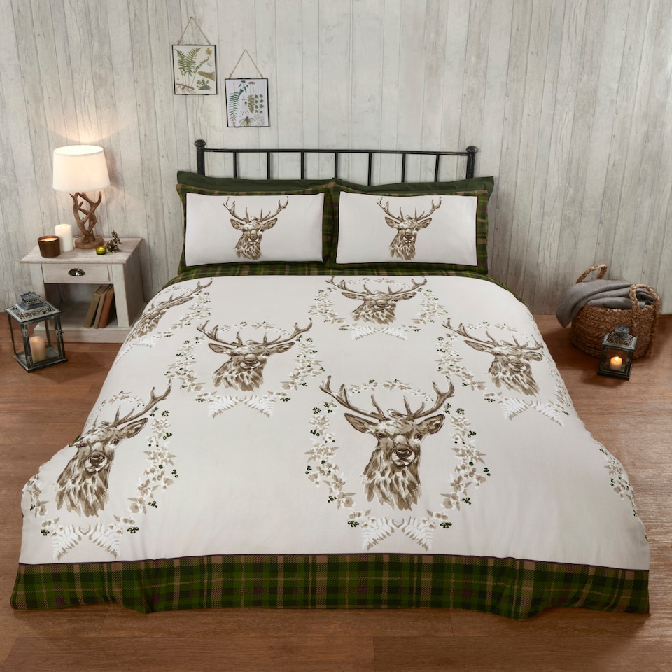 image 1 of Angus Stag Brushed Cotton Bedding Set Green | Single