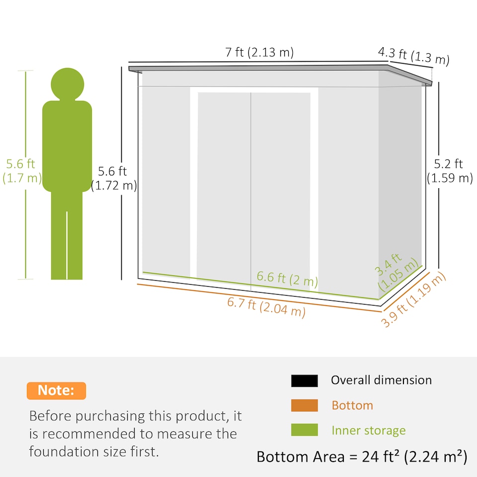 image 1 of Outsunny 7 x 4ft Waterproof Metal Garden Storage Shed w/ Double Door Green