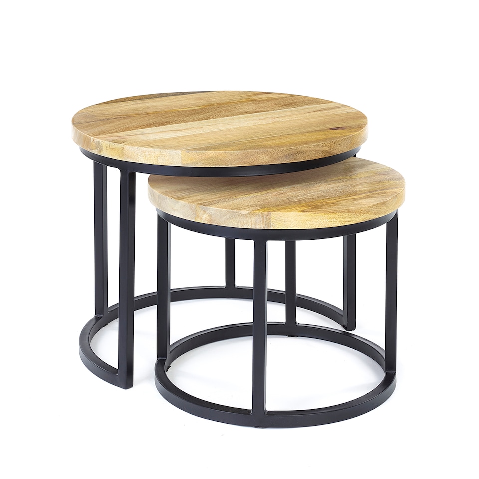 image 1 of Wooden Light Oak Finish Black Metal Round Nest Of Two 2 Tables End Side Lamp H48 x W55.5 x D55.5cm