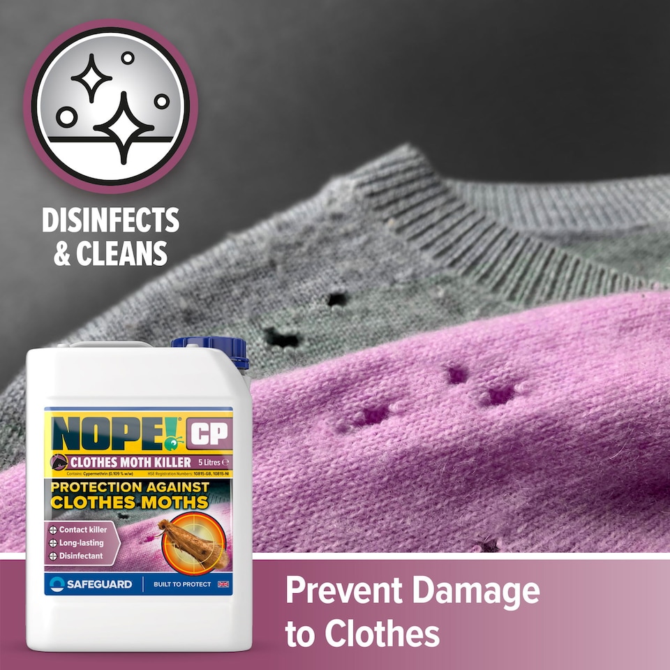 image 1 of NOPE CP Moth Killer (5L & Sprayer) Fast acting, Odourless, Long-lasting Moth Repellent for Home, Clothes, Wardrobe, Room & Carpets