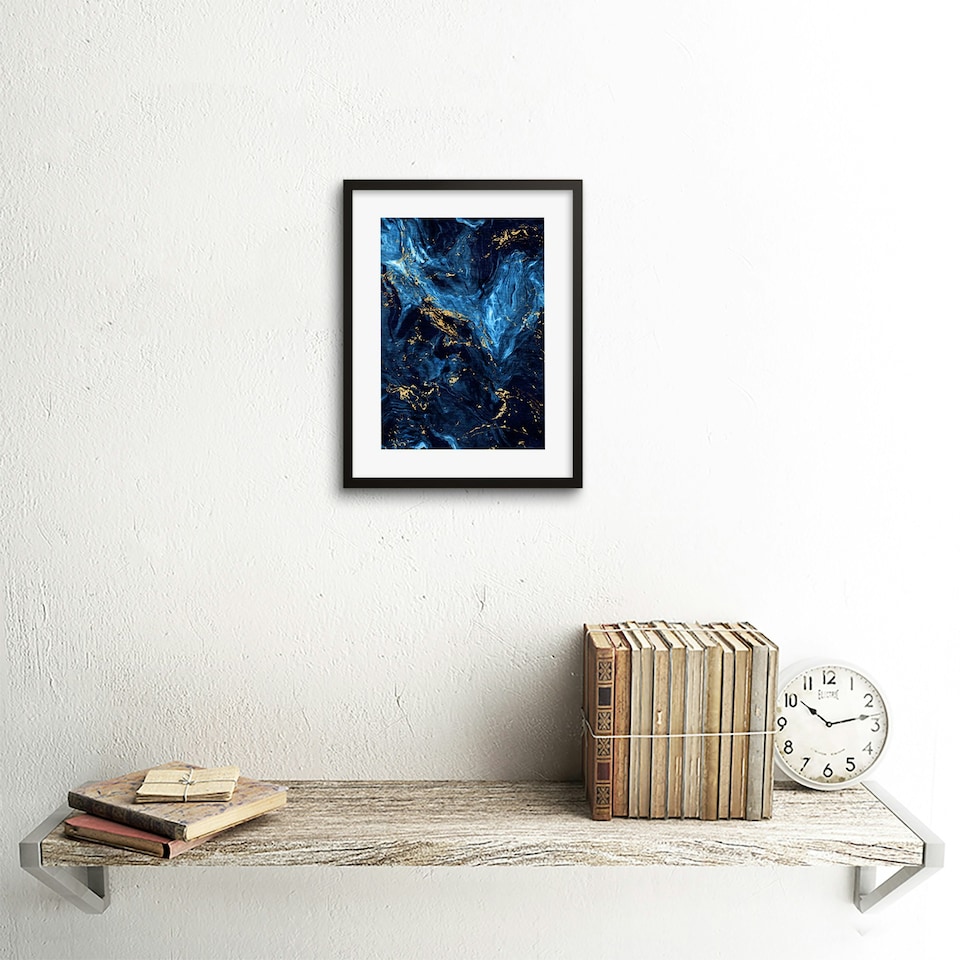 image 1 of Abstract Dark Blue Gold Fluid Paint Bathroom 9x7" Black Framed Wall Art Print