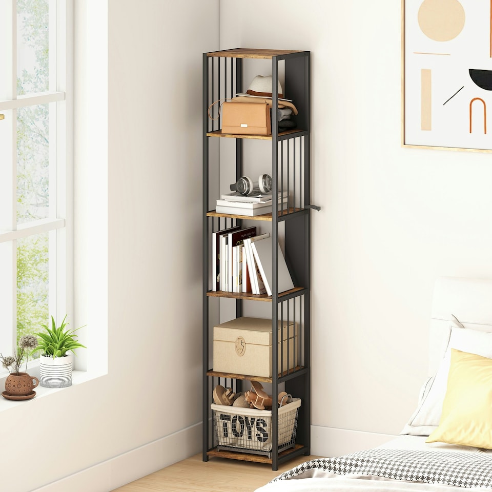 image 1 of HOMCOM 5-Tier Bookshelf, Freestanding Display Storage Unit, Rustic Brown