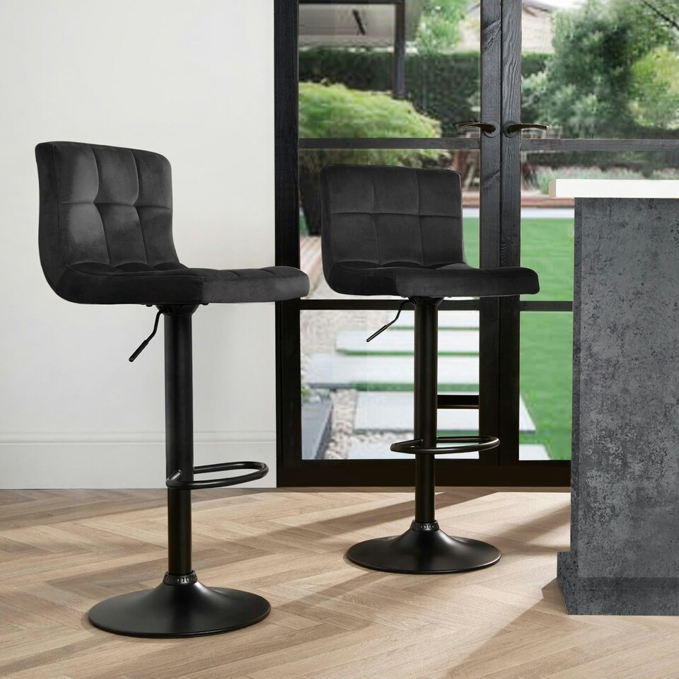 image 1 of OHS 2 x Velvet Swivel Height Adjustable Counter Bar Stools - Black