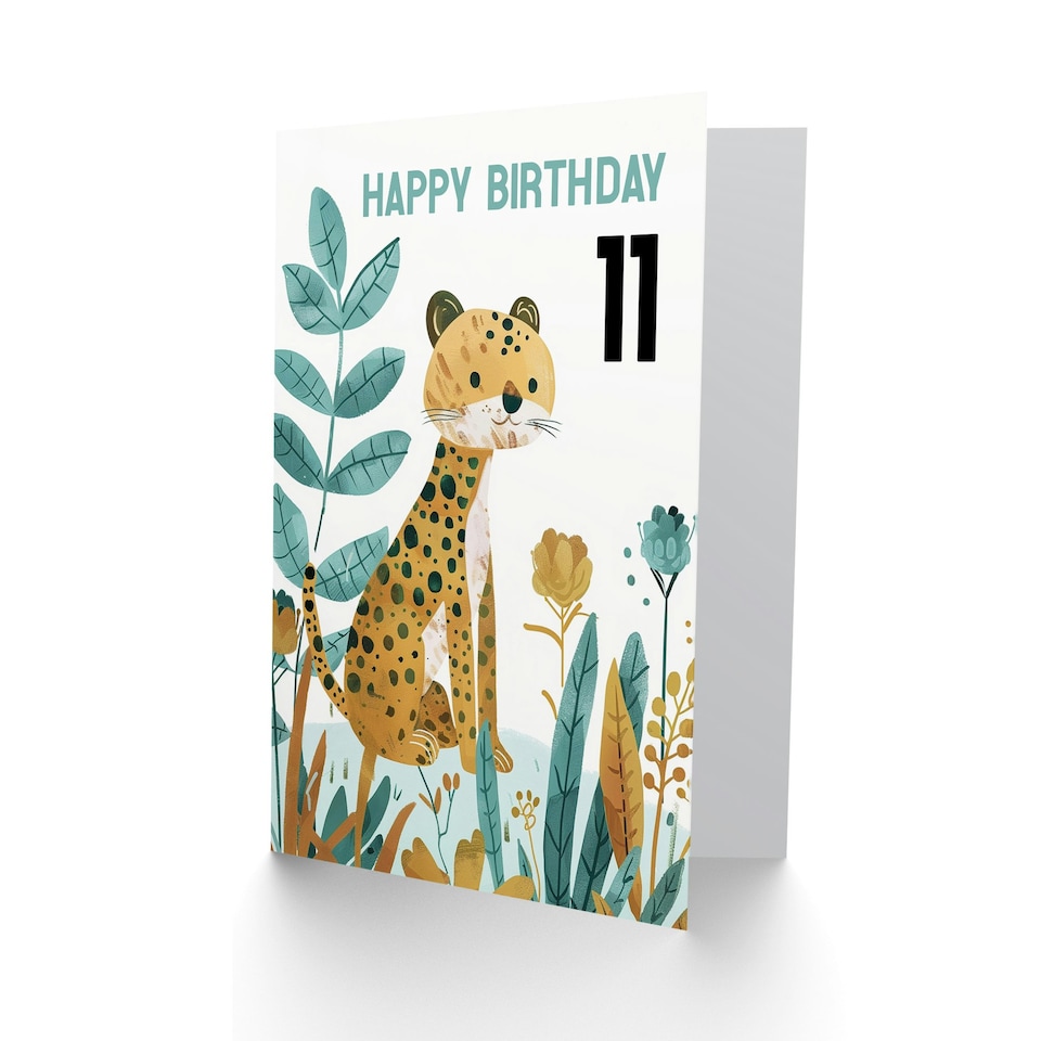 image 1 of Cute Cheetah Jungle Plants Fun Kids Age 11 Year Old Kids 11th Birthday Card