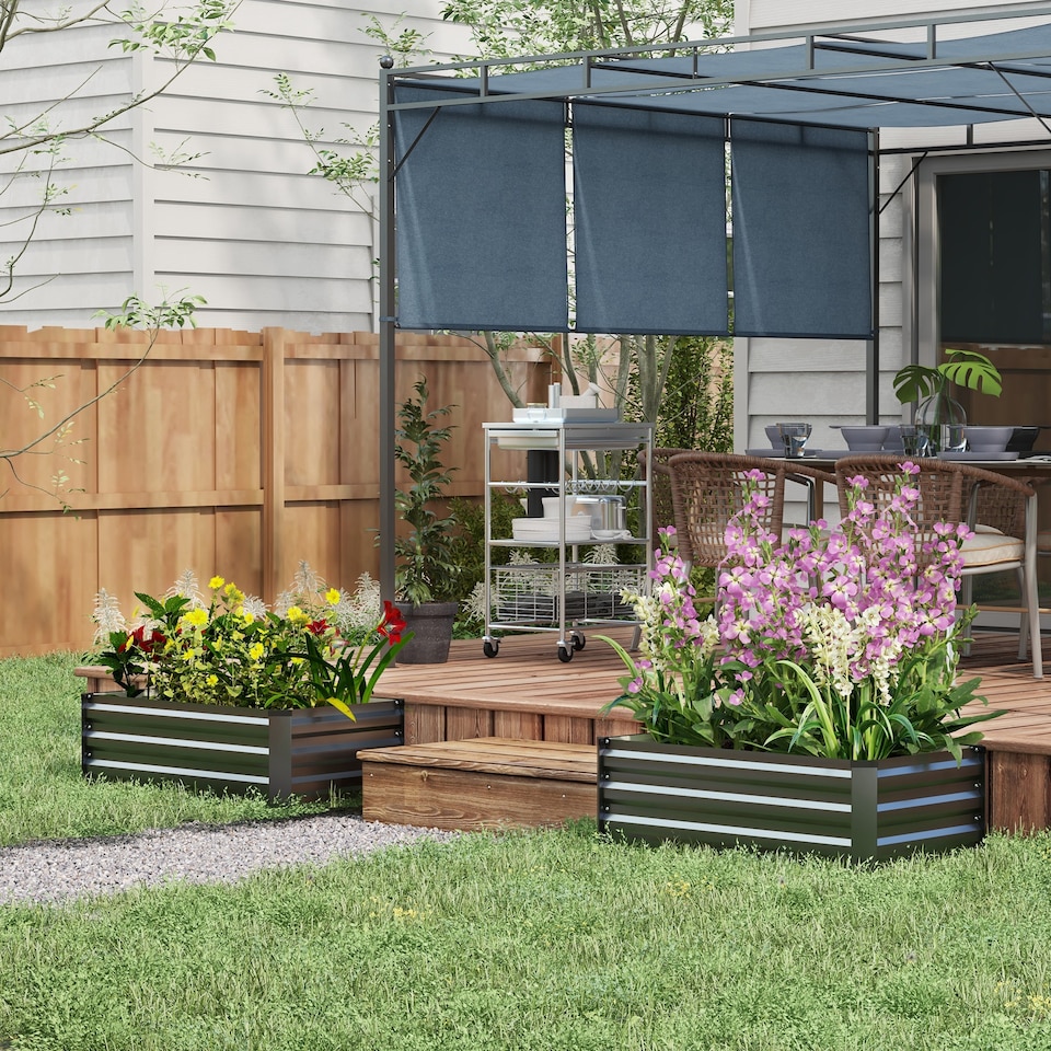 image 1 of Outsunny Set of 2 Galvanised Raised Garden Bed for Flowers, Herbs