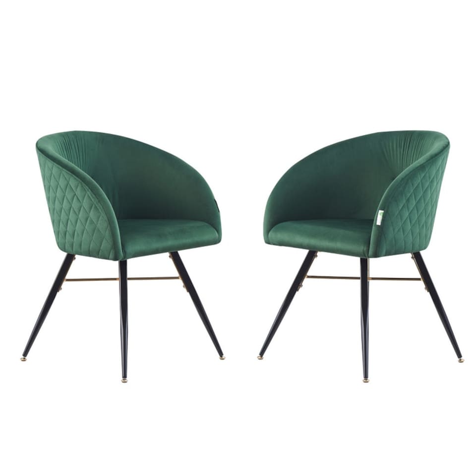 image 1 of Set of 2 Vittorio Velvet Dining Chairs with Black Metal Legs, Quilted Design Modern Accent Chair | Green