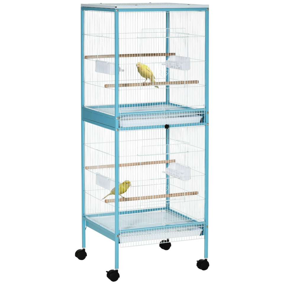 image 1 of PawHut 2 In 1 Large Bird Cage Aviary with Wheels, Slide-out Trays Wood Perches