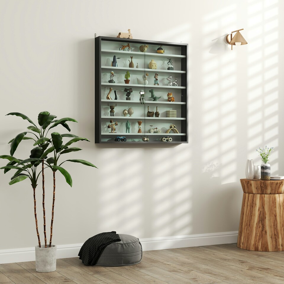 image 1 of HOMCOM 7-Tier Wall Display Cabinet w/ Shelves Glass Doors, Rustic Brown Black