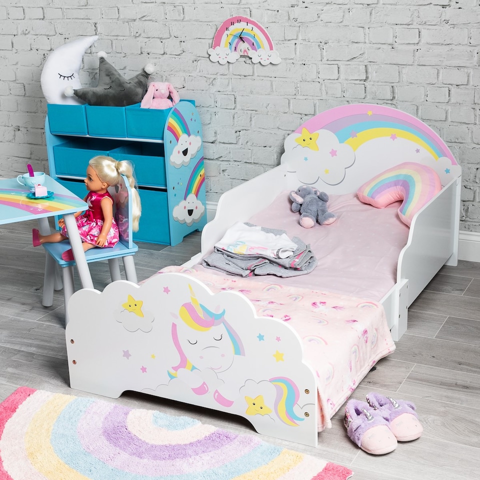 image 1 of Unicorn Themed Wooden Bed Frame w/ Guardrails - 70x140cm | Multi | Unicorn | 1