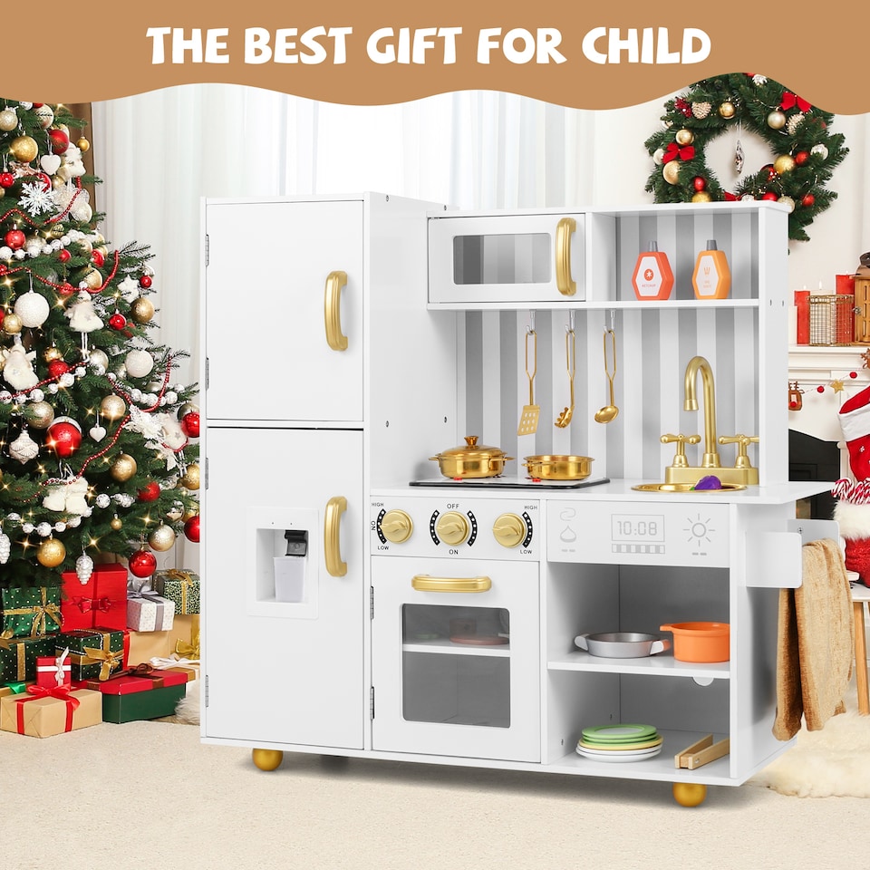 image 1 of COSTWAY Play Kitchen Toy Set Kids Kitchen Playset Chef Pretend Play Toy-Golden