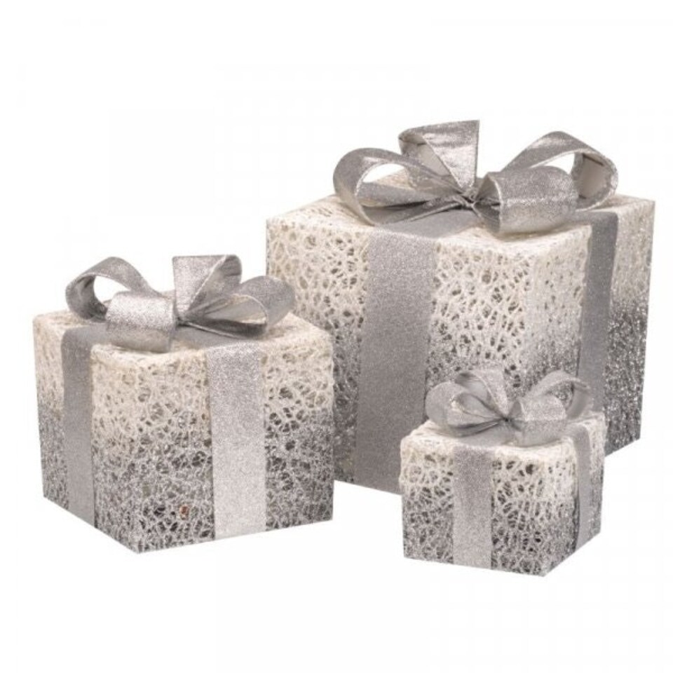 image 1 of Set of 3 Battery Operated Silver Sparkly Christmas Gift Boxes with LEDs