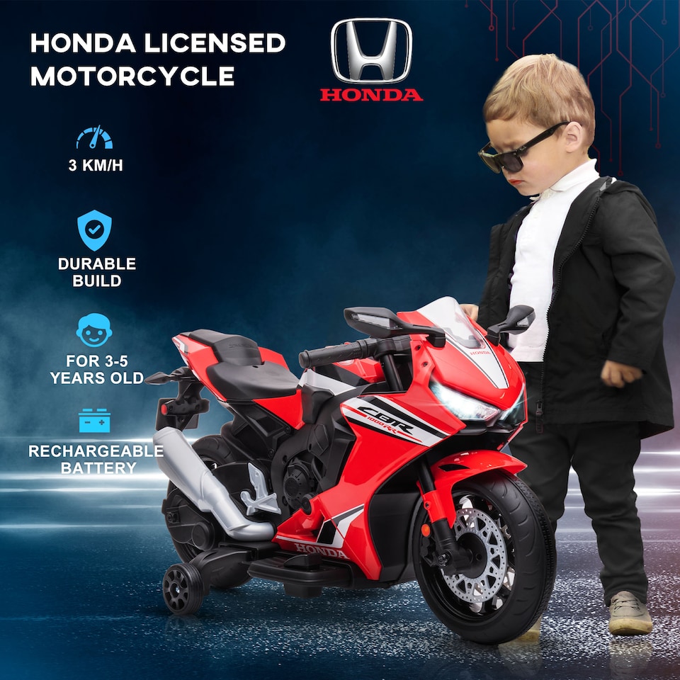 image 1 of HOMCOM Honda Licensed 6V Kids Electric Motorbike Ride On Motorcycle Vehicle with Headlights, Music, Training Wheels, for Ages 3-5 Years Red