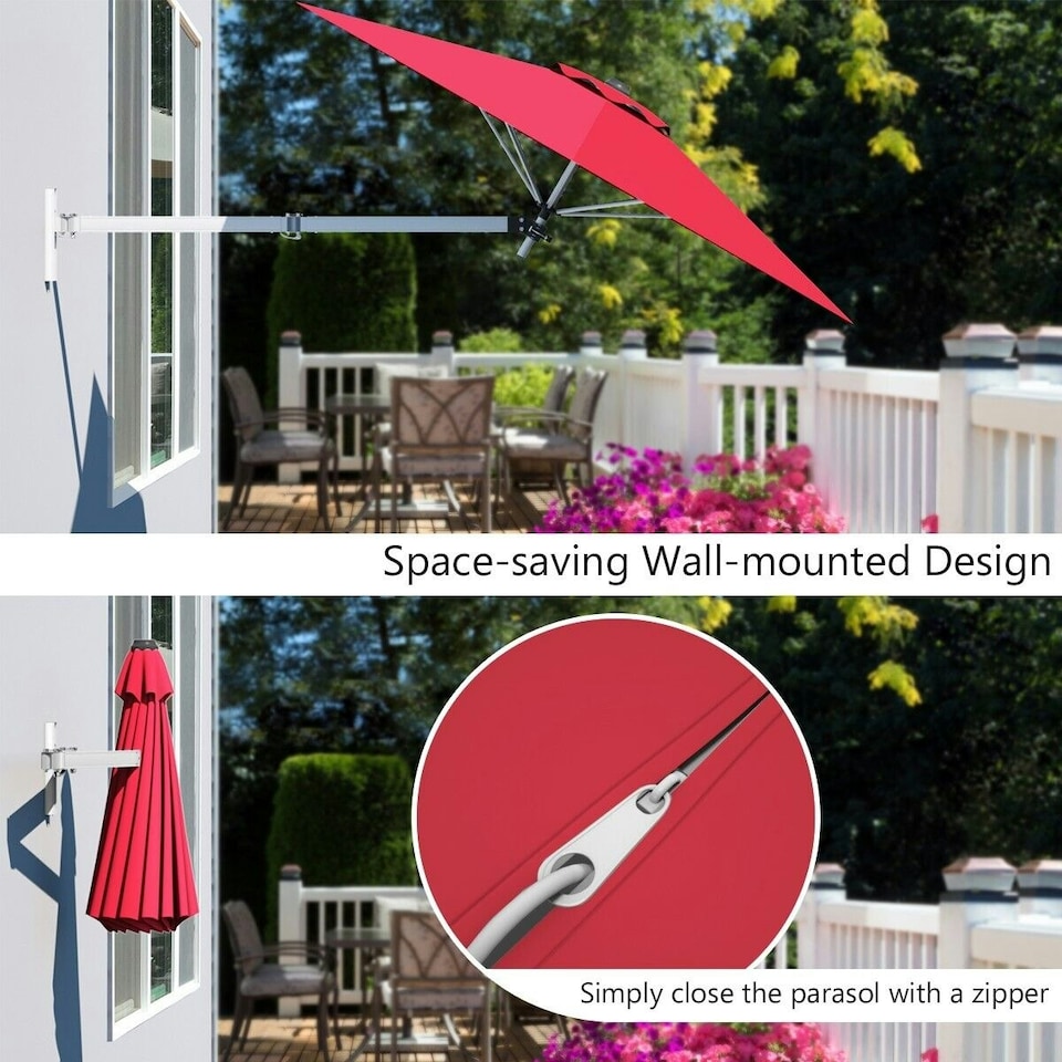 image 1 of COSTWAY Garden Wall Mounted Cantilever Parasol Tilting Umbrella Red