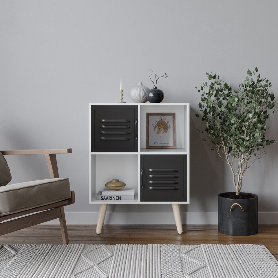 image 1 of White 4-Cube Storage Unit with 2 Metal Doors and Legs | Black | Black & Pine | 1