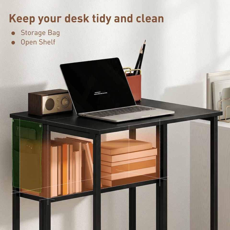image 1 of HOMCOM 63 cm Foldable Computer Desk on Wheels for Small Spaces Black | Black | Black wood grain | 63W x 50D x 75H cm