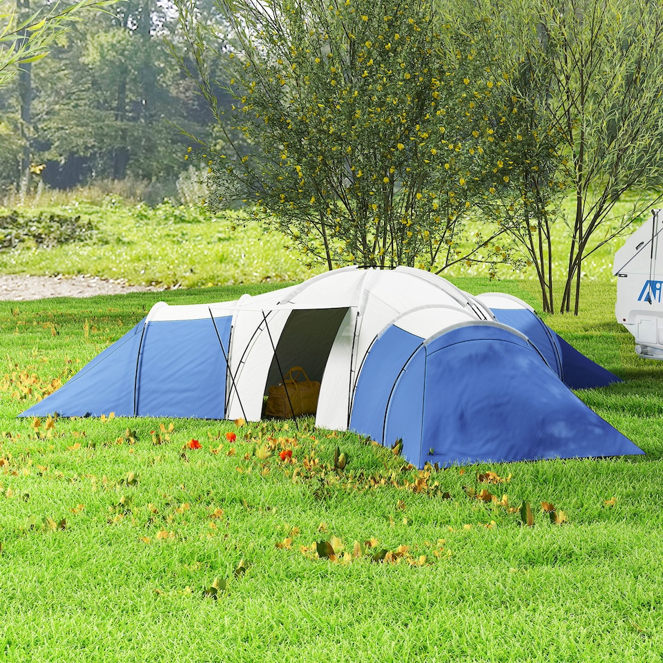 image 1 of Outsunny 6-9 Man Large Tunnel Tent with 3 Bedroom, Living Area and Porch, Stand-up Camping Tent, Portable with Bag, for Fishing Hiking Festival | Blue | Blue