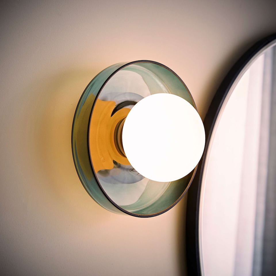 image 1 of ValueLights Newbury Jade Green Glass IP44 Flush Wall Light & Bulb | Green